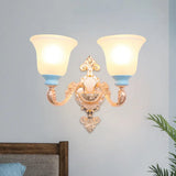 Vintage Swirled Arm Wall Light - Gold Metal Mounted Lighting With Frosted Ribbed Glass Shade 2 /