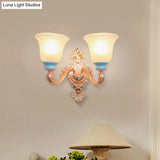 Vintage Swirled Arm Wall Light - Gold Metal Mounted Lighting With Frosted Ribbed Glass Shade