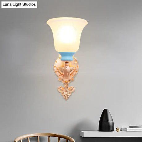 Vintage Swirled Arm Wall Light - Gold Metal Mounted Lighting With Frosted Ribbed Glass Shade