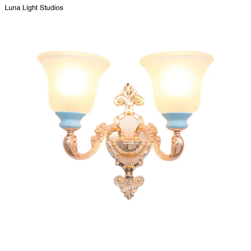 Vintage Swirled Arm Wall Light - Gold Metal Mounted Lighting With Frosted Ribbed Glass Shade