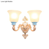 Vintage Swirled Arm Wall Light - Gold Metal Mounted Lighting With Frosted Ribbed Glass Shade