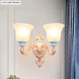 Vintage Swirled Arm Wall Light - Gold Metal Mounted Lighting With Frosted Ribbed Glass Shade