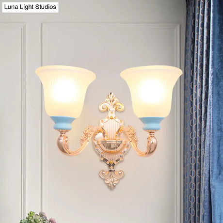 Vintage Swirled Arm Wall Light - Gold Metal Mounted Lighting With Frosted Ribbed Glass Shade