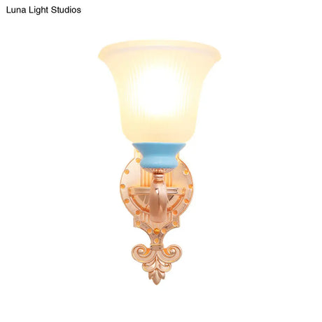 Vintage Swirled Arm Wall Light - Gold Metal Mounted Lighting With Frosted Ribbed Glass Shade