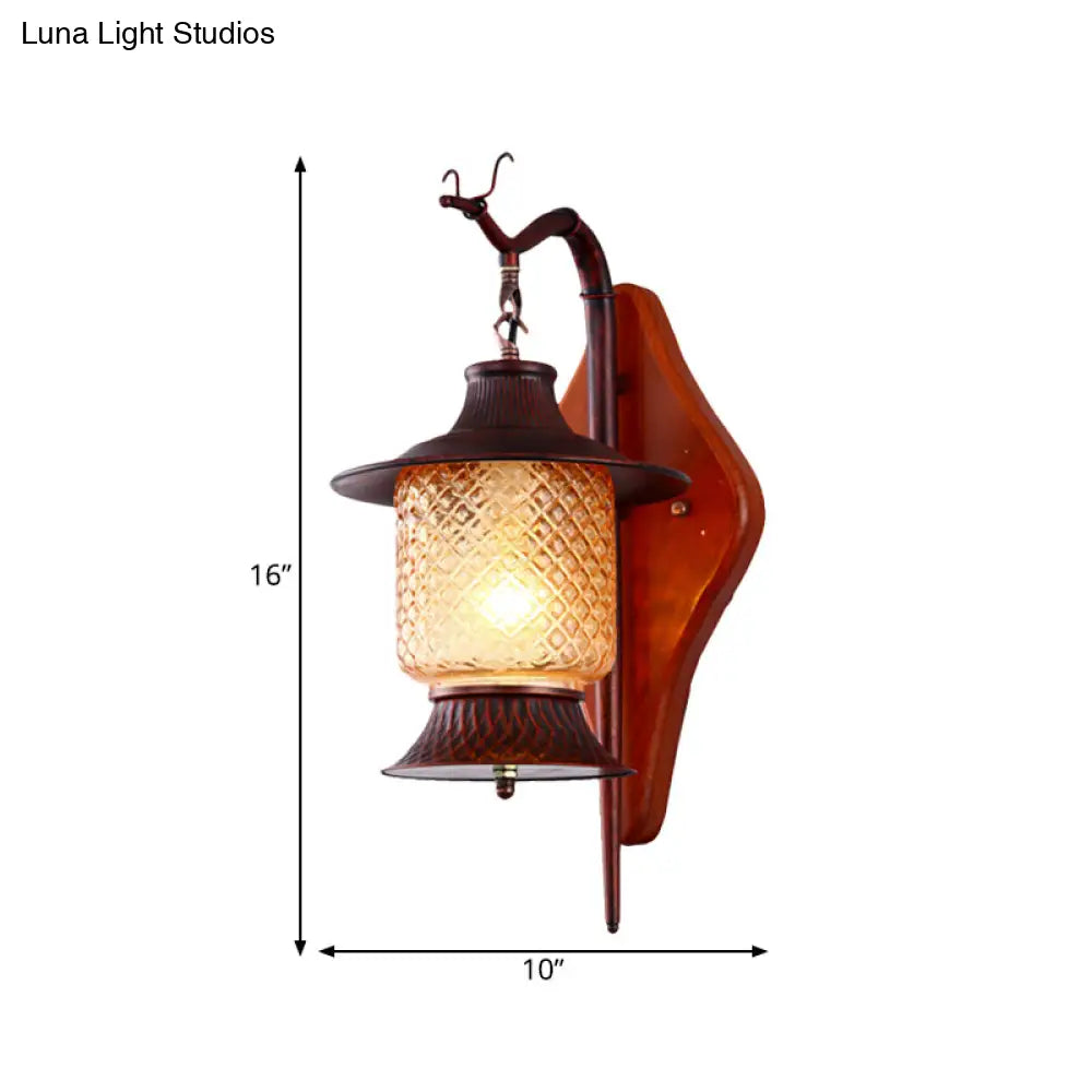 Vintage Tan Glass Lantern Sconce Light Fixture - 1-Light Copper Wall Lighting With Wood Backplate