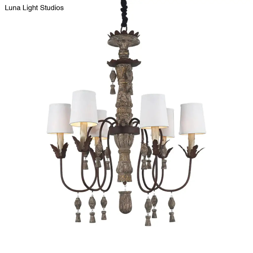 Vintage Tapered Fabric Chandelier With 6 Lights - Black And Wood Hanging Light Fixture For Bedroom