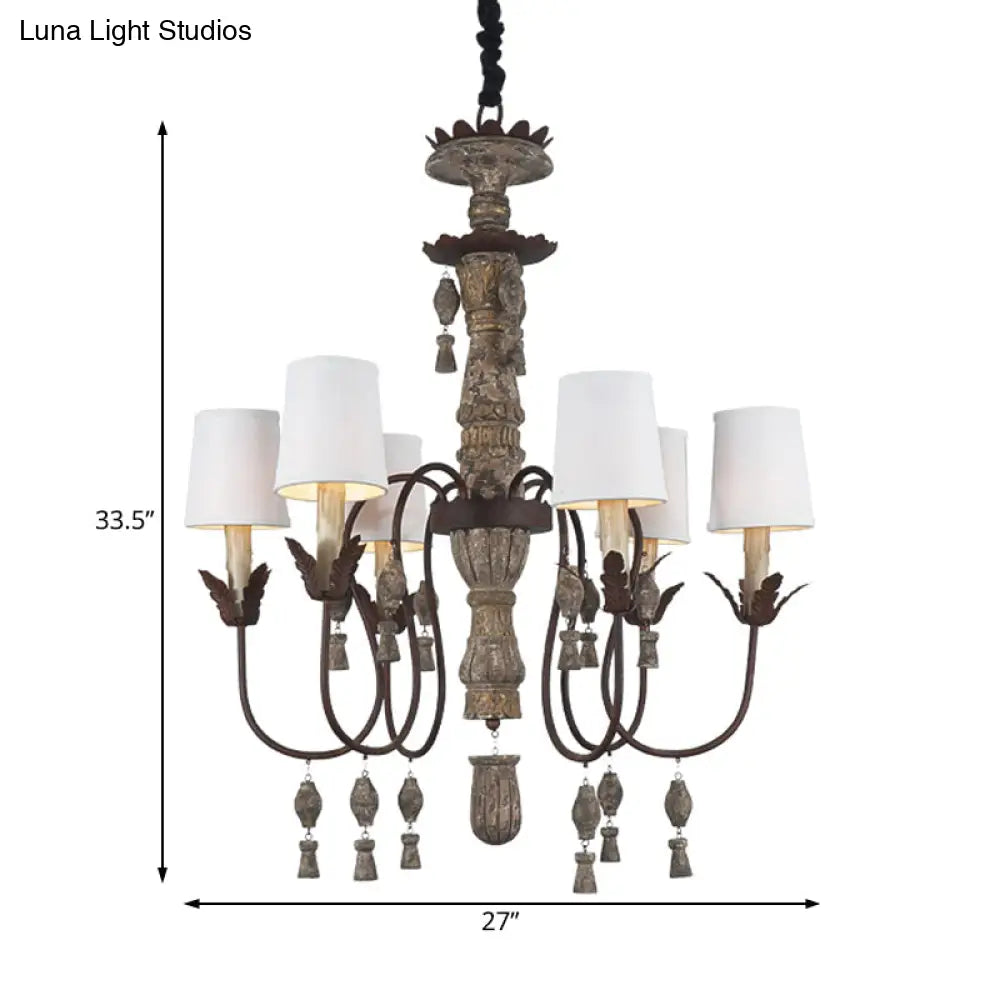 Vintage Tapered Fabric Chandelier With 6 Lights - Black And Wood Hanging Light Fixture For Bedroom