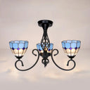 Vintage Tiffany Stained Glass Ceiling Light - 3 Lights White/Blue Surface Mount Blue
