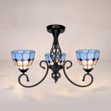 Vintage Tiffany Stained Glass Ceiling Light - 3 Lights White/Blue Surface Mount Blue
