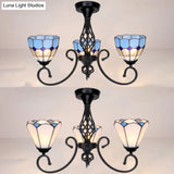 Vintage Tiffany Stained Glass Ceiling Light - 3 Lights White/Blue Surface Mount