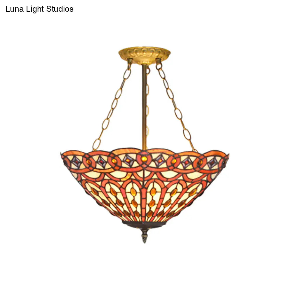 Vintage Tiffany Stained Glass Chandelier With Brass Finish - Perfect For Dining Table