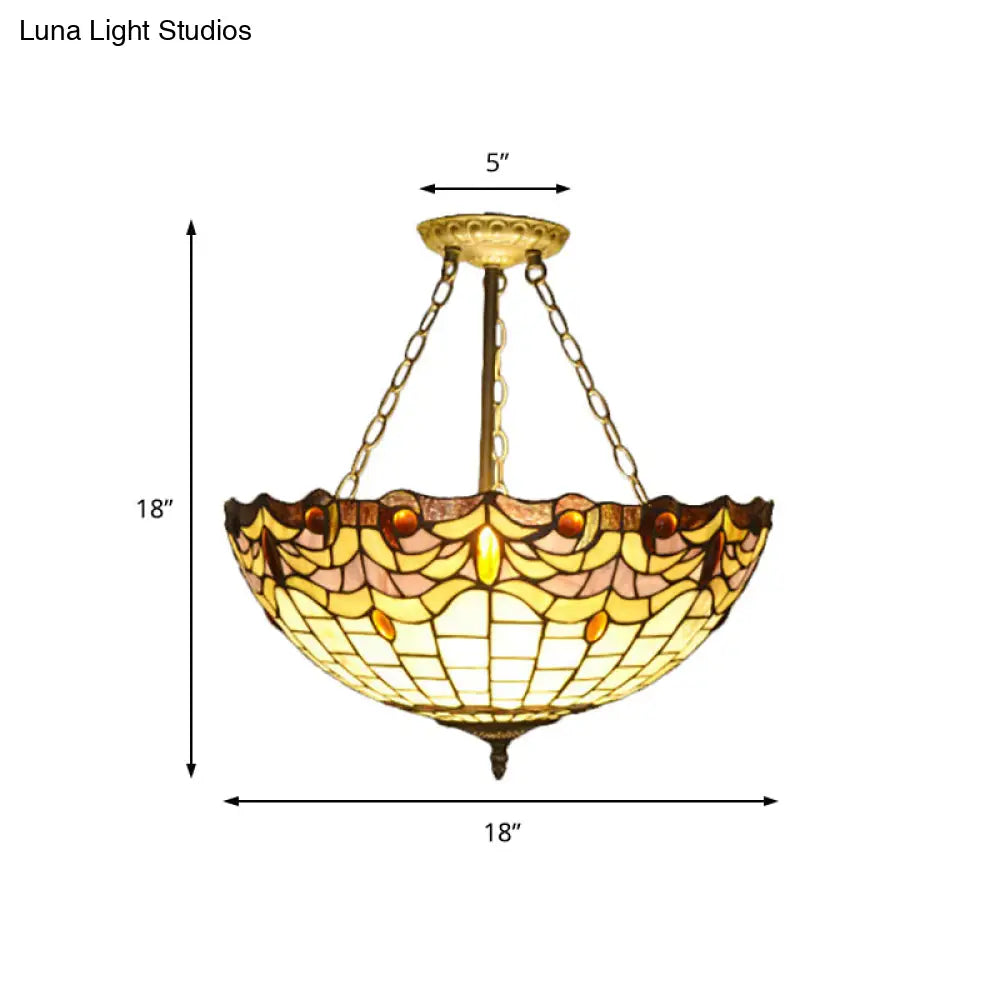 Vintage Tiffany Stained Glass Chandelier With Brass Finish - Perfect For Dining Table