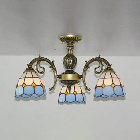 Vintage Tiffany Stained Glass Dome Semi Flush Mount Lighting In Bronze/White Finish (3/6 Lights) 3