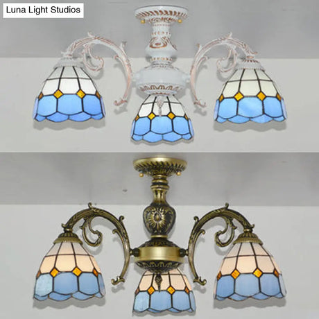 Vintage Tiffany Stained Glass Dome Semi Flush Mount Lighting In Bronze/White Finish (3/6 Lights)