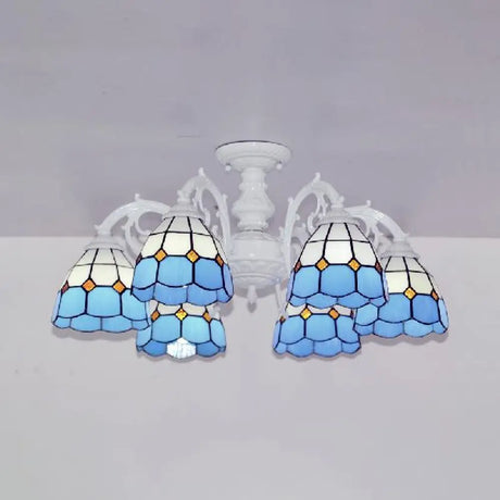 Vintage Tiffany Stained Glass Dome Semi Flush Mount Lighting In Bronze/White Finish (3/6 Lights) 6