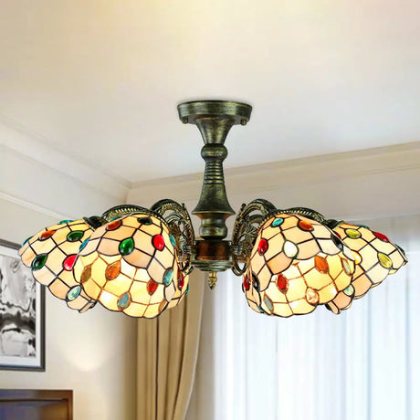 Vintage Tiffany Stained Glass Pendant Light Chandelier With Peacock Tail Design - 6 Lights Antique