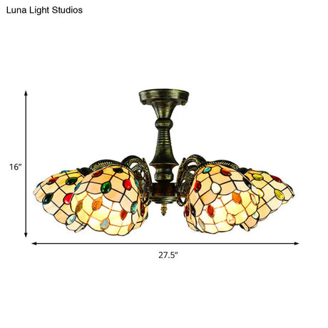 Vintage Tiffany Stained Glass Pendant Light Chandelier With Peacock Tail Design - 6 Lights Antique