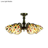 Vintage Tiffany Stained Glass Pendant Light Chandelier With Peacock Tail Design - 6 Lights Antique