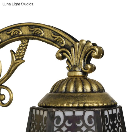 Vintage Tiffany Wall Lamp With Carved Arm & Art Glass Bell - Outdoor Black Light