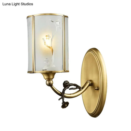Vintage Translucent Glass Wall Sconce - Brass 1-Light Cylinder Lamp For Corners