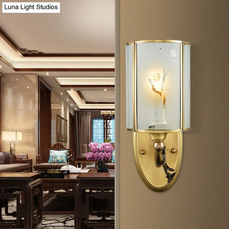 Vintage Translucent Glass Wall Sconce - Brass 1-Light Cylinder Lamp For Corners