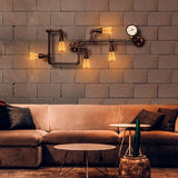 Vintage Twisted Pipe Wall Lamp With Pressure Gauge - 5-Bulb Metallic Design Black