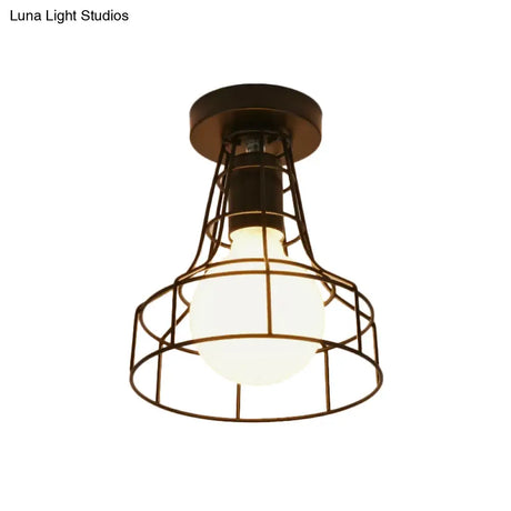 Vintage Urn/Vase Cage Metal Flush Mount Light With 1 Bulb - Black