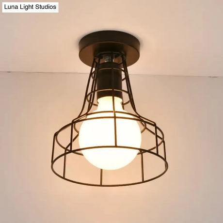 Vintage Urn/Vase Cage Metal Flush Mount Light With 1 Bulb - Black