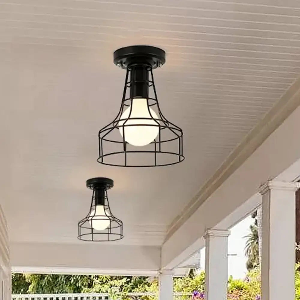 Vintage Urn/Vase Cage Metal Flush Mount Light With 1 Bulb - Black / Barn