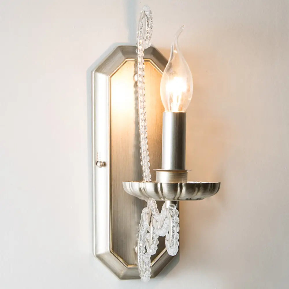 Vintage Wall Mount Candelabra Light Fixture With Crystal Beaded Arm - Metallic 1 / Silver