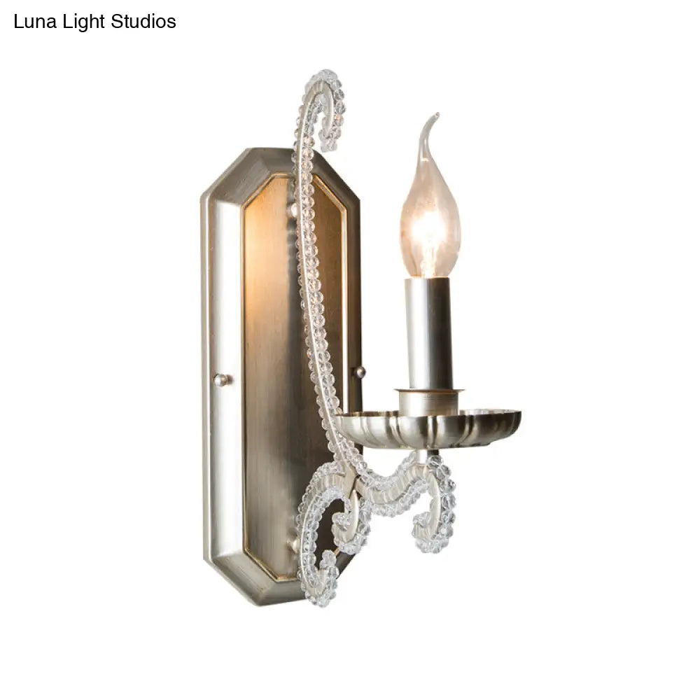 Vintage Wall Mount Candelabra Light Fixture With Crystal Beaded Arm - Metallic