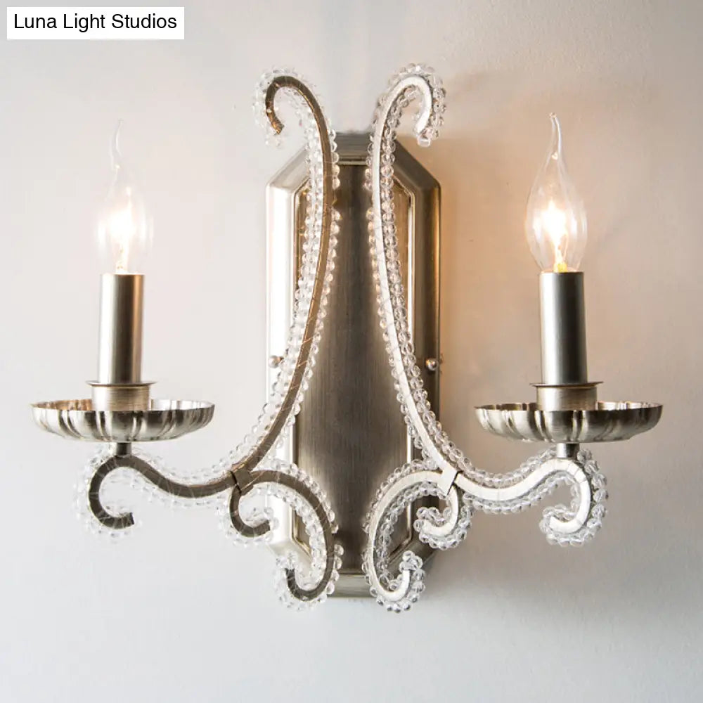 Vintage Wall Mount Candelabra Light Fixture With Crystal Beaded Arm - Metallic