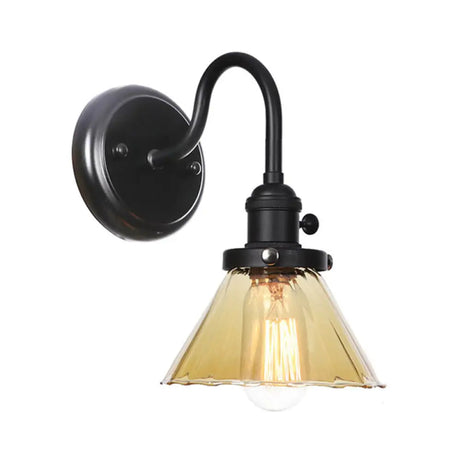 Vintage Wall Mount Gooseneck Lamp With Glass Shade - 1 Light In Black Amber / A
