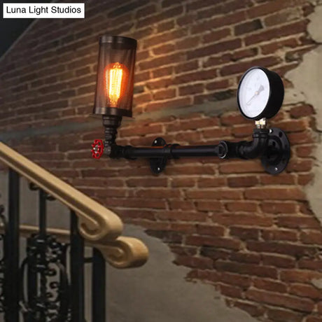 Vintage Water Pipe Wall Mounted Lamp With Gauge And Valve In Black - Single Bulb Fixture