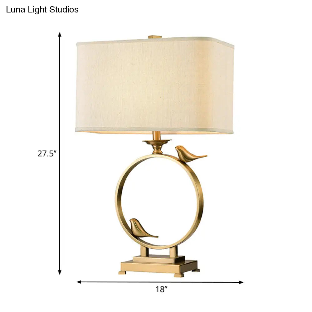 Vintage White Fabric Night Lamp With Gold Metal Base - 1 Light Rectangle Table