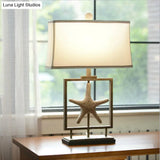 Vintage White Fabric Table Lamp With Starfish Design - 1 Light Trapezoid