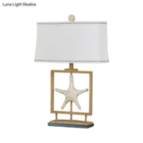 Vintage White Fabric Table Lamp With Starfish Design - 1 Light Trapezoid