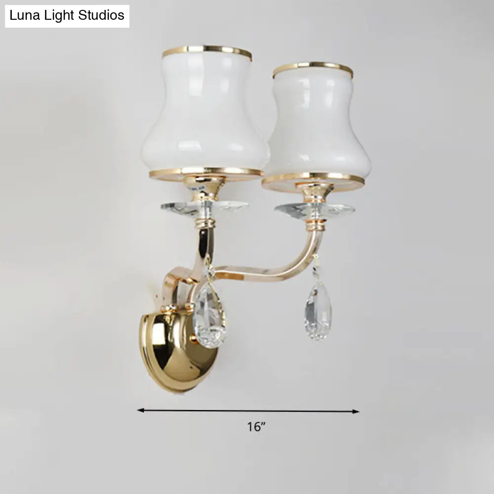 Vintage White Glass Bell Wall Lamp With Crystal Accent And Led Lighting For Living Room (1/2 Heads)