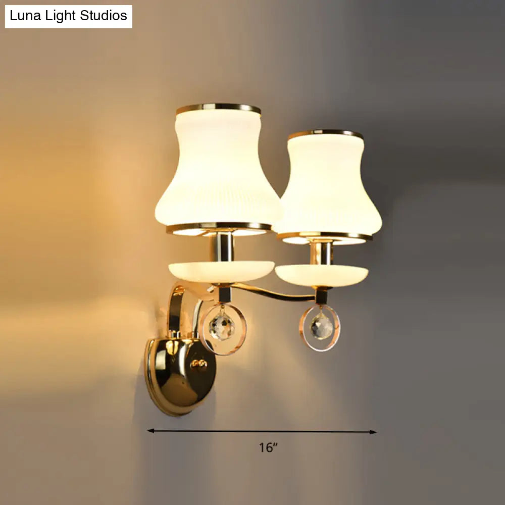 Vintage White Glass Bell Wall Lamp With Crystal Accent And Led Lighting For Living Room (1/2 Heads)