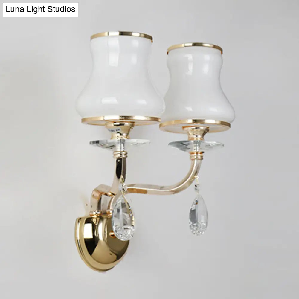 Vintage White Glass Bell Wall Lamp With Crystal Accent And Led Lighting For Living Room (1/2 Heads)