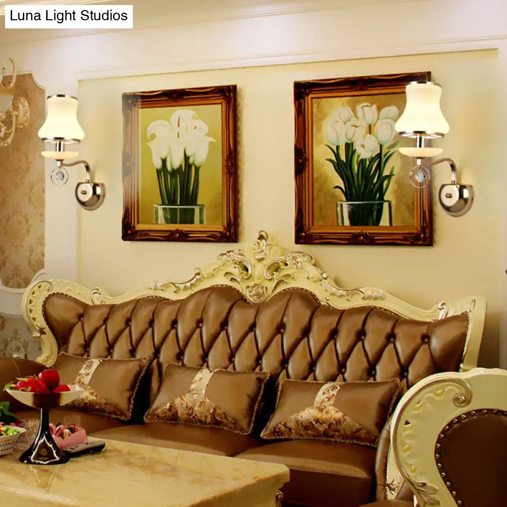 Vintage White Glass Bell Wall Lamp With Crystal Accent And Led Lighting For Living Room (1/2 Heads)