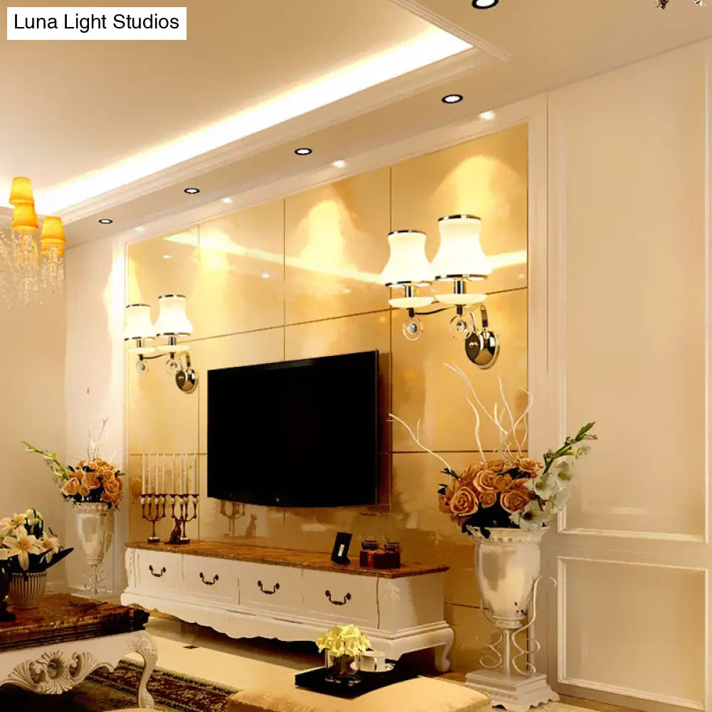 Vintage White Glass Bell Wall Lamp With Crystal Accent And Led Lighting For Living Room (1/2 Heads)
