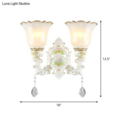 Vintage White Glass Bellflower Sconce With Crystal Drop - 1/2-Light Wall Mount Fixture