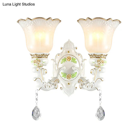 Vintage White Glass Bellflower Sconce With Crystal Drop - 1/2-Light Wall Mount Fixture
