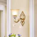 Vintage White Glass Sconce Light With Carved Arm - 1-Light Petal Wall Mounted Lighting In Gold