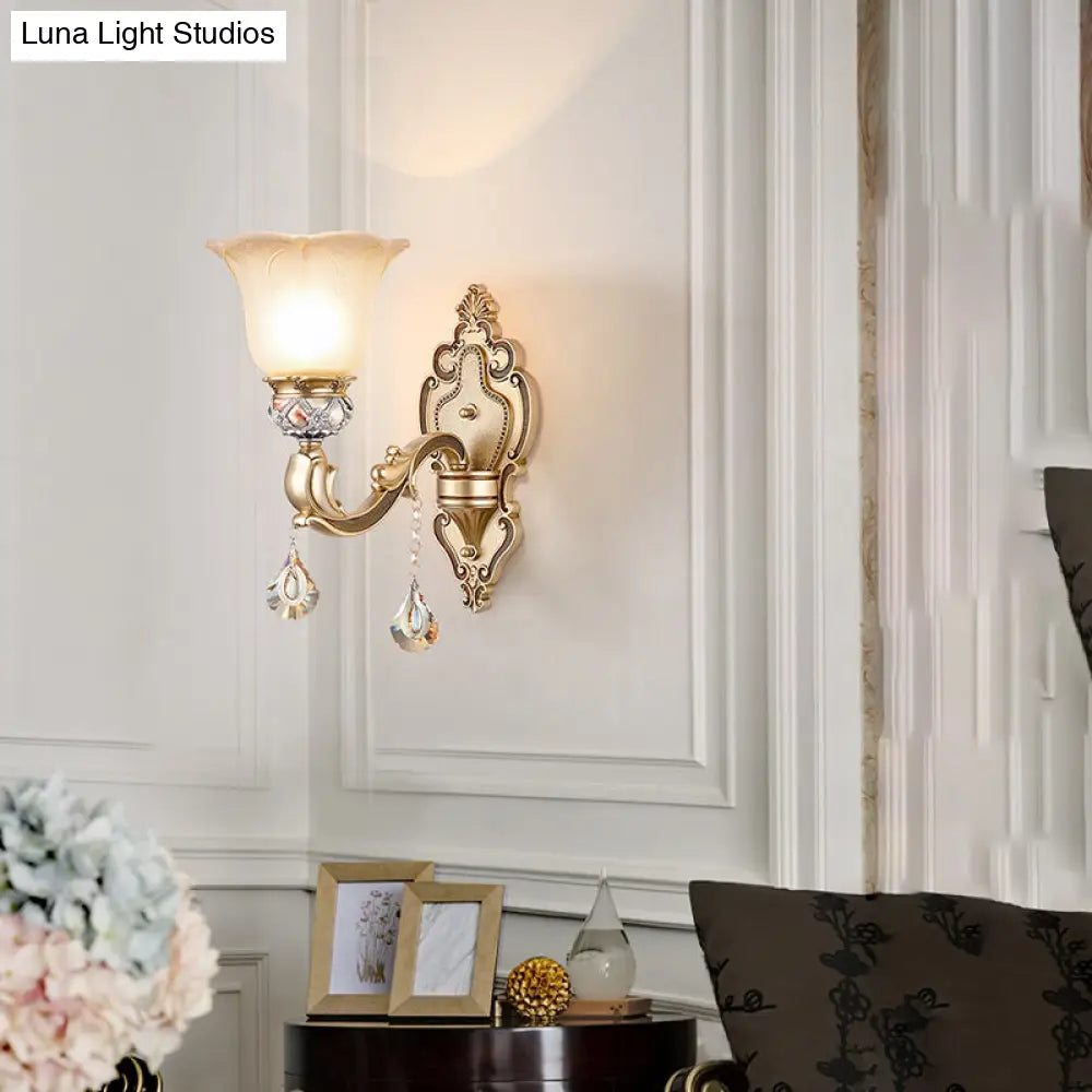Vintage White Glass Wall Sconce With Crystal Accent And Gold Resin Arm