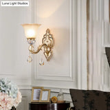 Vintage White Glass Wall Sconce With Crystal Accent And Gold Resin Arm