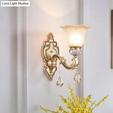 Vintage White Glass Wall Sconce With Crystal Accent And Gold Resin Arm