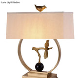 Vintage White Table Lamp With Gold Bird Design - Elegant 1 Light Rectangular Shape Fabric Shade
