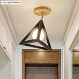 Vintage Wire Cage Semi Flush With Triangle Shade In Black/White